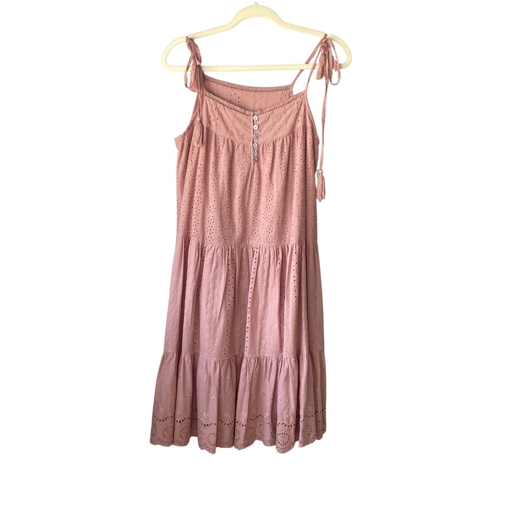 Easel Dusty Rose Pink Eyelet‎ Tiered Midi Dress Tie Strap Tassel Boho Womens M